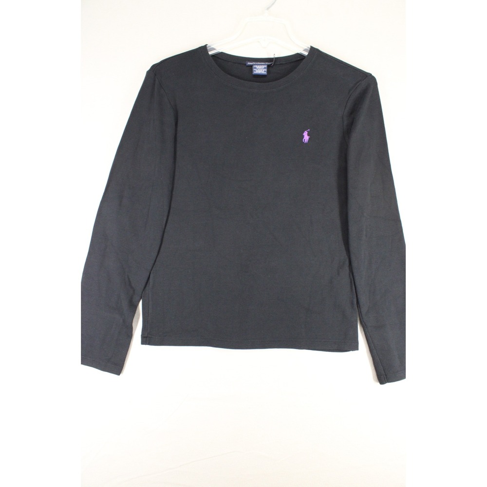 Ralph Lauren Sport Tee Long Sleeve Women XL Black Cotton Purple Pony Preppy